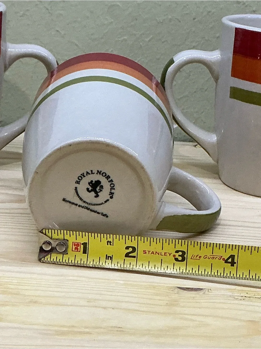 Vtg Royal Norfolk Stoneware Coffee Mugs Set Of 3 Red Orange Green Stripe Retro